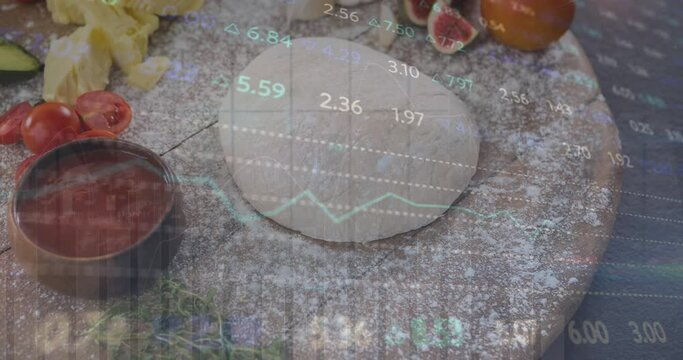 Animation of changing numbers and graphs over pizza dough with sauce, vegetables on table