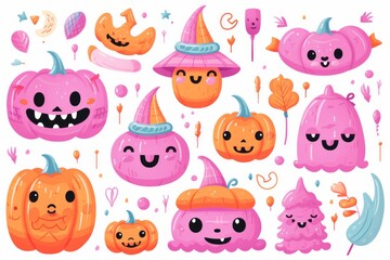 Halloween, happy and whimsical elements, smiling pumpkins, friendly ghosts, and colorful costumes