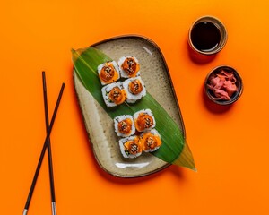 Top view of fresh sushi rolls on an orange background