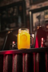 Vertical closeup of a glass of orange juice served in a bar