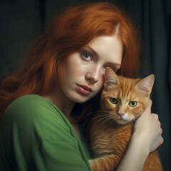 Portrait of an attractive young red-haired Caucasian woman hugging her cat, AI-generated.