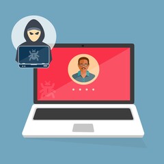 hacker ruba informazioni dai computer sulla rete. Nel mondo di Internet sfondare il sistema di sicurezza - illustrazioni VIOLAZIONE DEL PROFILO PERSONALE SOCIAL
