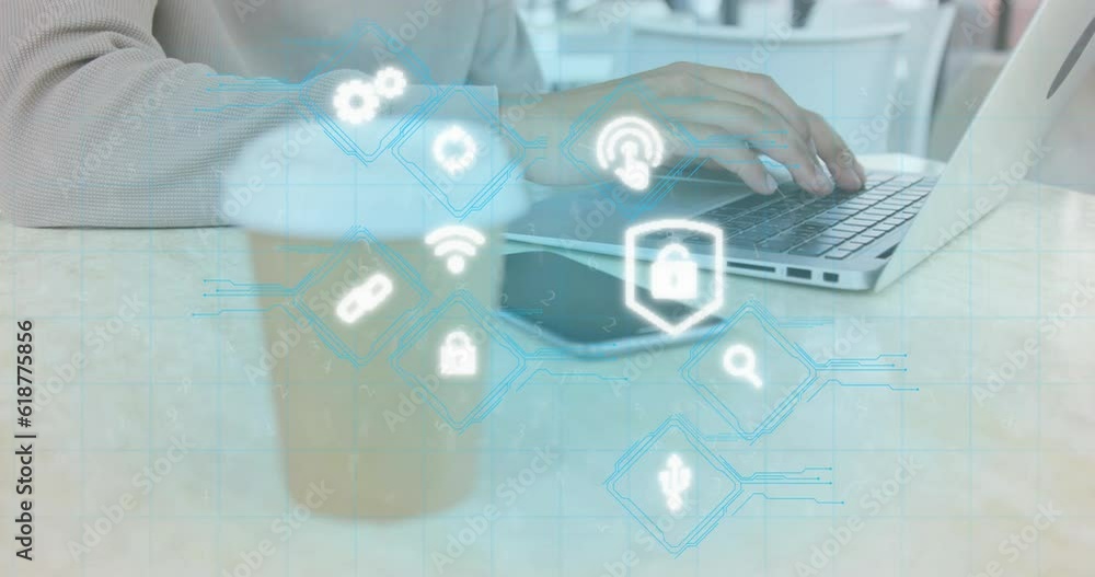 Poster animation of computer application icons over midsection of biracial man working on laptop