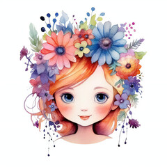 adorable, lovely, cute cartoon cowatercolors, with flowers on head, bright watercolors, white background