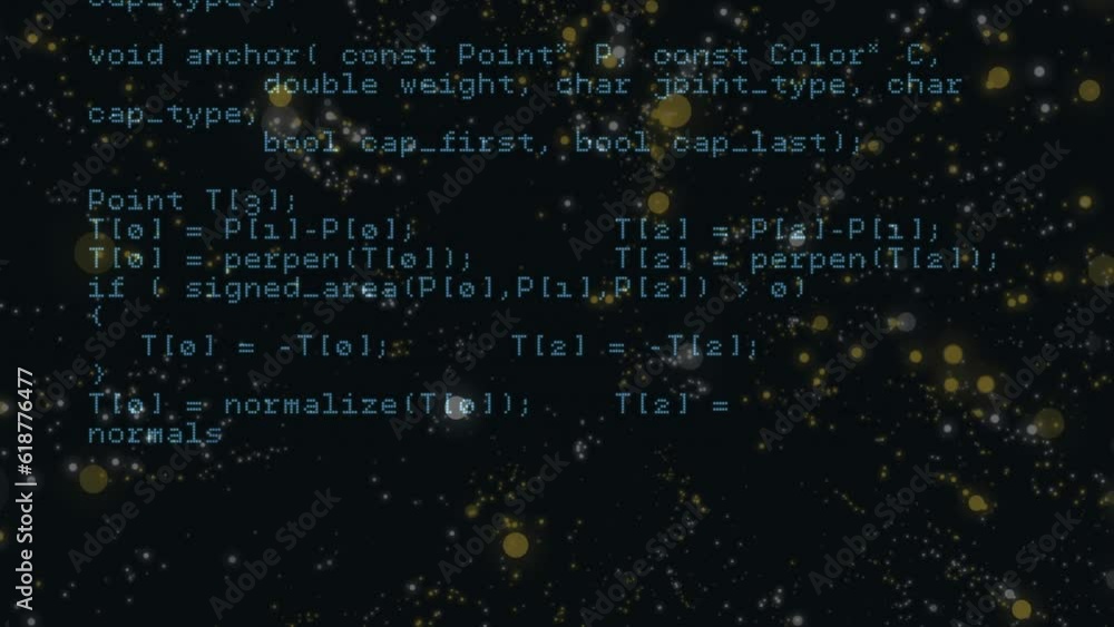 Poster animation of computer language moving over dots on black background