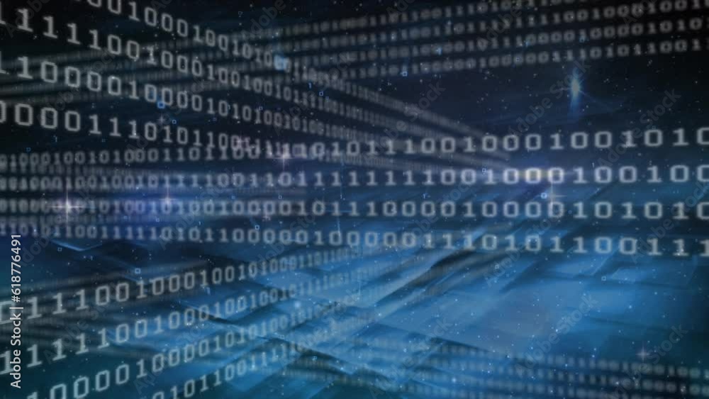 Poster animation of binary codes moving over stars and squares against abstract background