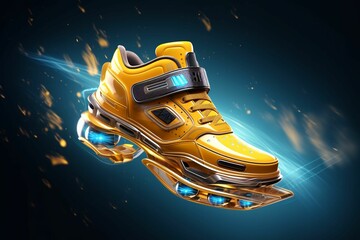 AI generated illustration of a pair of yellow sneakers hovering against a dark background