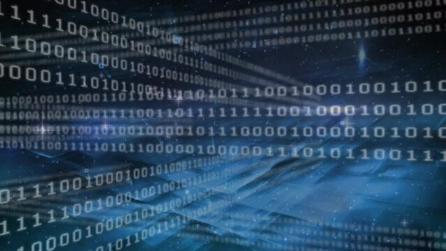 Animation of binary codes moving over stars and squares against abstract background