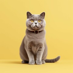 AI generated illustration of an adorable brown cat on a yellow background
