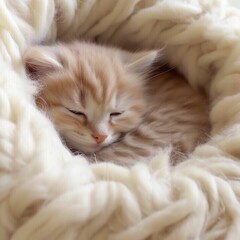 Fototapeta na wymiar AI generated illustration of an adorable fluffy kitten sleeping in a soft blanket