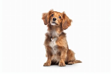 An AI generated illustration of a medium-sized white and brown mixed-breed dog staring up