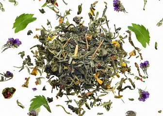 fresh herbal tea isolated over white background, trendy levitation illustration created with generative ai technology