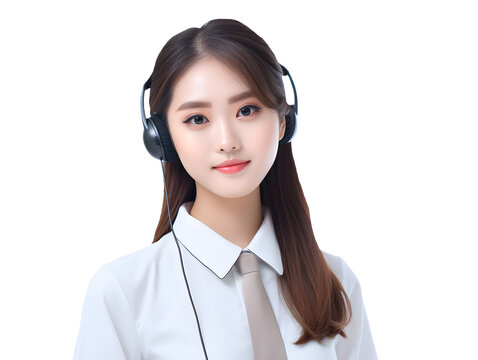 A Woman With A Call Center Headset Smiling And Wearing A Black Shirt, White Background - PNG File Generative AI