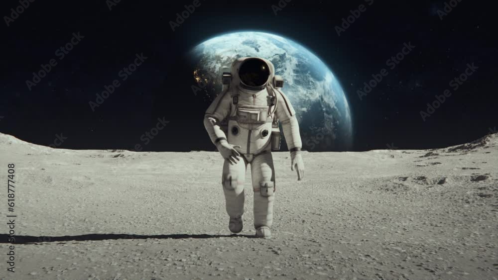 Poster 3d rendered animation of an astronaut on the moon with the earth in the background