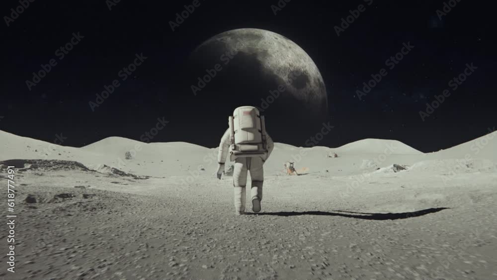 Poster 3d rendered animation of an astronaut on the moon with a planet in the dark space background