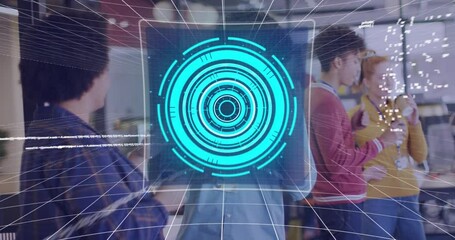 Animation of graphs, circles, 6g text, computer language, diverse coworkers talking during tea break - Powered by Adobe