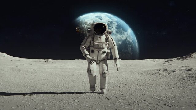 3D rendered animation of an astronaut on the moon with the Earth in the background