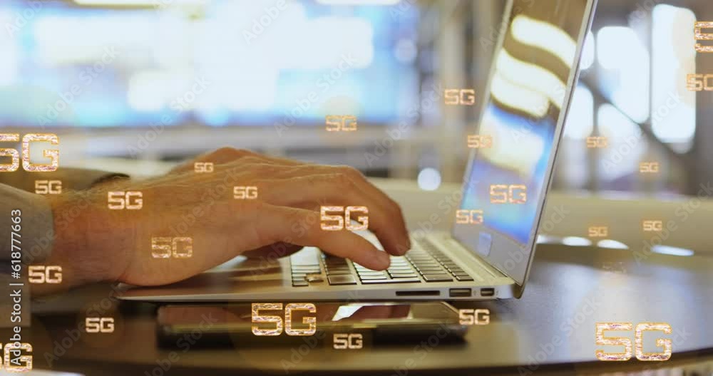 Poster animation of multiple 5g text over cropped hands of caucasian man typing on keyboard of laptop