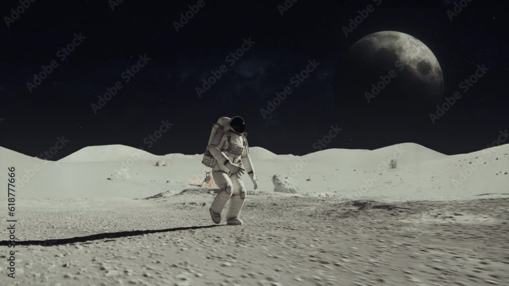 Poster 3d rendered animation of an astronaut on the moon with a planet in the dark space background