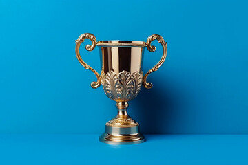 Gold winner cup on blue background. Golden champion cup, trophy for the winner, award, victory, first place of competition, winning and success concept. Copy space. Ai generated