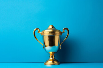 Fototapeta premium Gold winner cup on blue background. Golden champion cup, trophy for the winner, award, victory, first place of competition, winning and success concept. Copy space. Ai generated