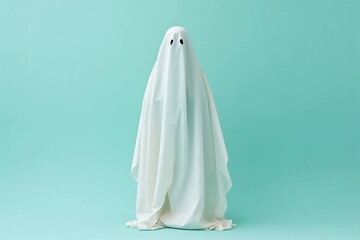 White ghost on pastel background. Minimal Halloween scary concept. Ghost sheet Halloween costume. Minimalist composition with copy space. AI generated - obrazy, fototapety, plakaty