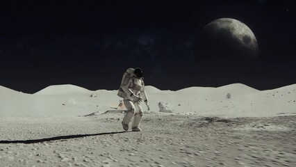 3D rendered animation of an astronaut on the moon with a planet in the dark space background