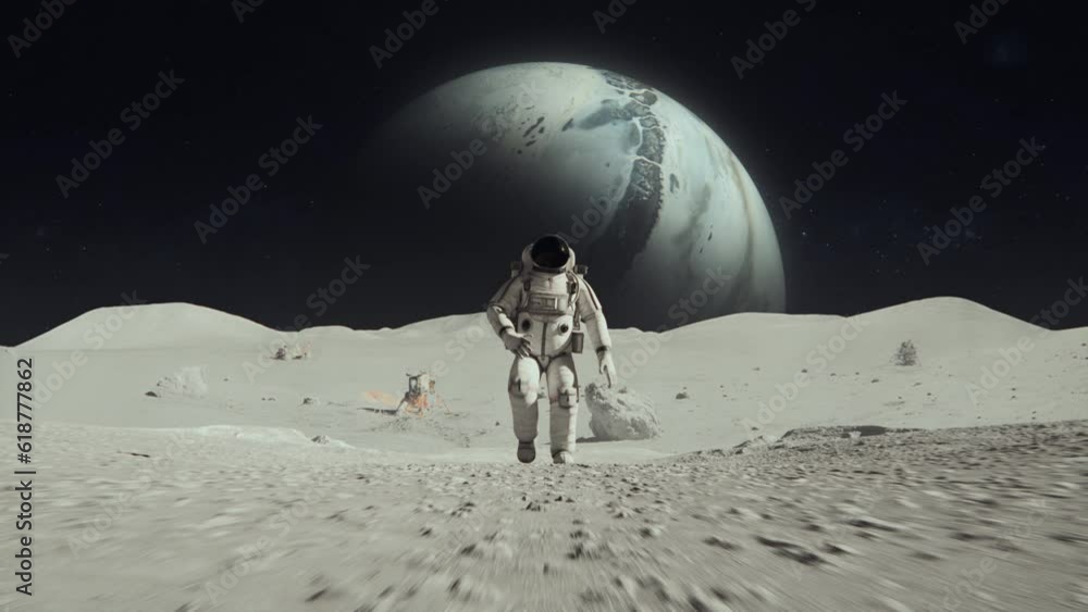Poster 3d rendered animation of an astronaut on the moon with a planet in the dark space background