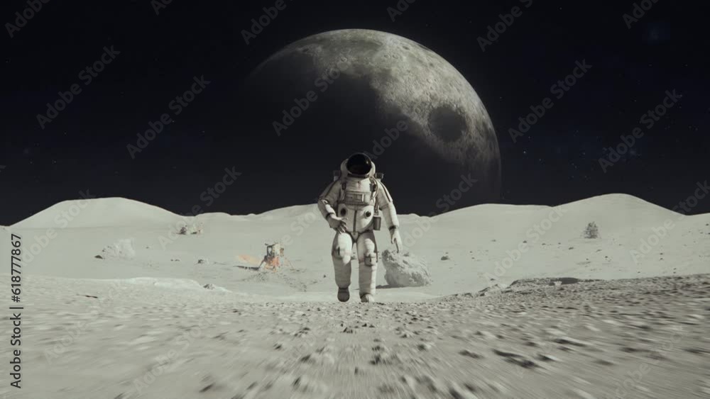 Poster 3d rendered animation of an astronaut on the moon with a planet in the dark space background