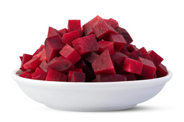 Cut beetroot cubes in a white ceramic bowl isolated on white background