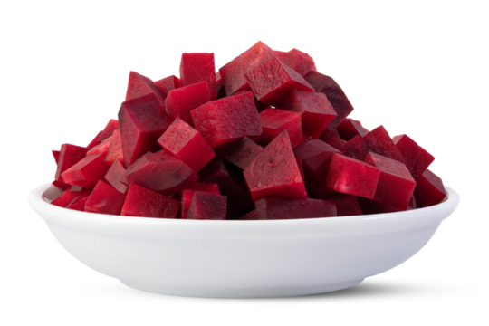 Cut beetroot cubes in a white ceramic bowl isolated on white background