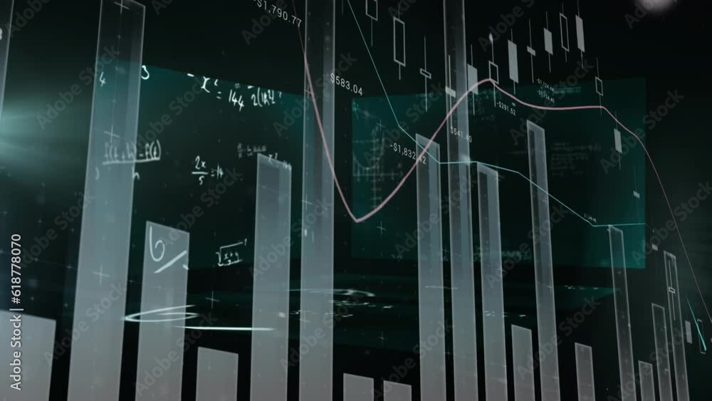 Poster animation of statistical data processing against screens of mathematical equations