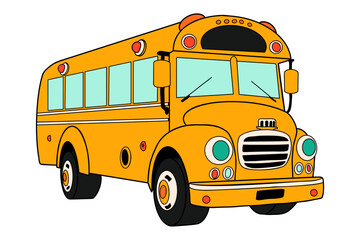 Yellow School Bus cartoon in doodle retro style. Back to school, three quarter view. Classic American car for educational transportation of children. Fun vector illustration isolated on white.
