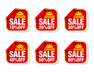 Summer sale red stickers set 10%, 20%, 30%, 40%, 50%, 60% off discount