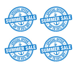 Obraz premium Summer sale blue grunge stamp set. Special offer up to 20, 30, 40, 50 percent off