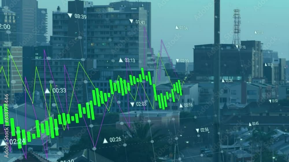 Canvas Prints Animation of data processing against aerial view of cityscape