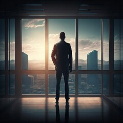 Fototapeta premium a man is standing near a window and looking out into the distance