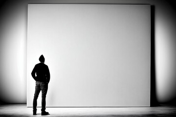 Obraz premium man standing in front of white board in dark room and shadows