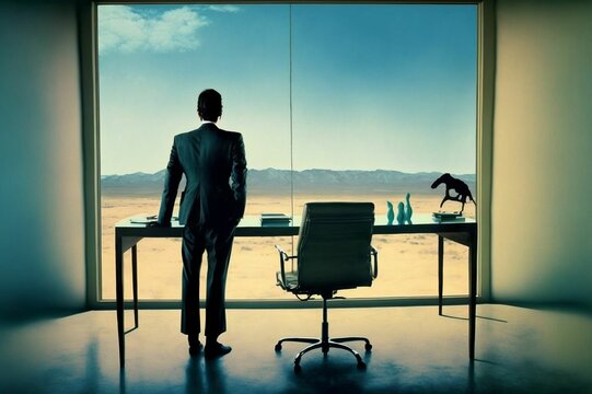 Man In Suit Looking Out The Window Of An Office On The Desert