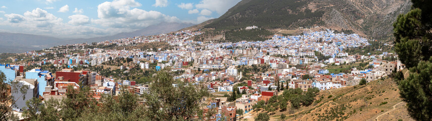 Panoramic view of famous blue colored city Chefchaouen in Morocco