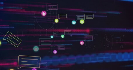 Animation of multiple profile and message icons against mathematical equations and light trails - Powered by Adobe