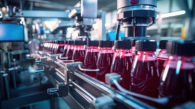Provensional Industrial line for bottling and packaging of cosmetics. Bottles with perfumes, lotions, skin care products.