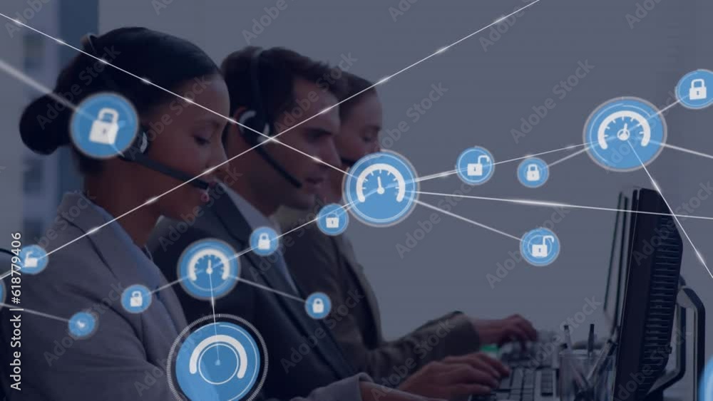 Poster animation of network of digital icons over team of diverse colleagues working at office