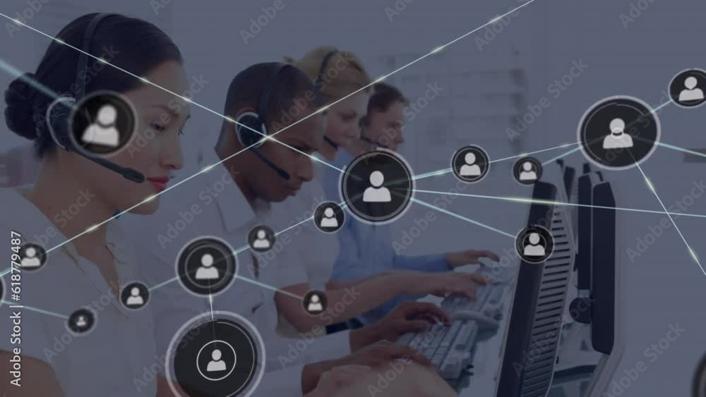 Poster animation of network of profile icons against team of diverse colleagues working at office