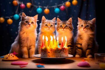 Four cats celebrating a birthday with cake. AI Generative.