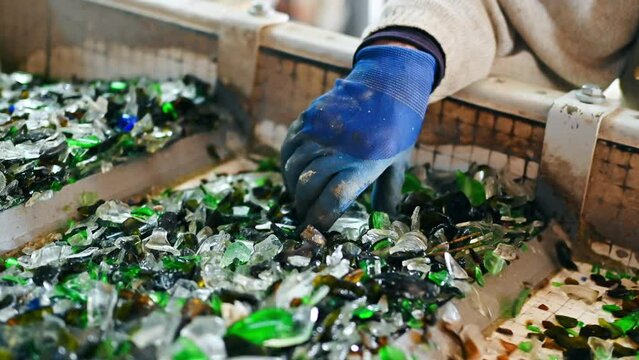 Worker hand sorting glass on a line, small pieces vibrating, slow motion
