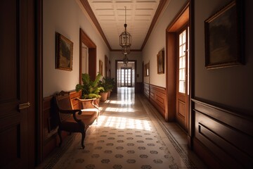 Interior of an old mansion with a long corridor and a chair. Colonial, country style. created with Generative AI