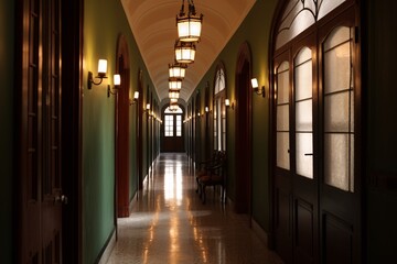 Interior of a hospital, or apartment corridor with arched windows and lanterns. Colonial, country style. created with Generative AI