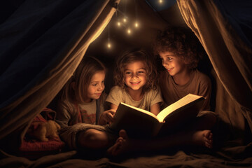 Kids read a fairytale book before going to bed in a homemade cozy tent at home - obrazy, fototapety, plakaty