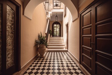Fototapeta na wymiar Interior of an elegant hotel corridor with wooden doors and floor tiles. Colonial, country style. created with Generative AI